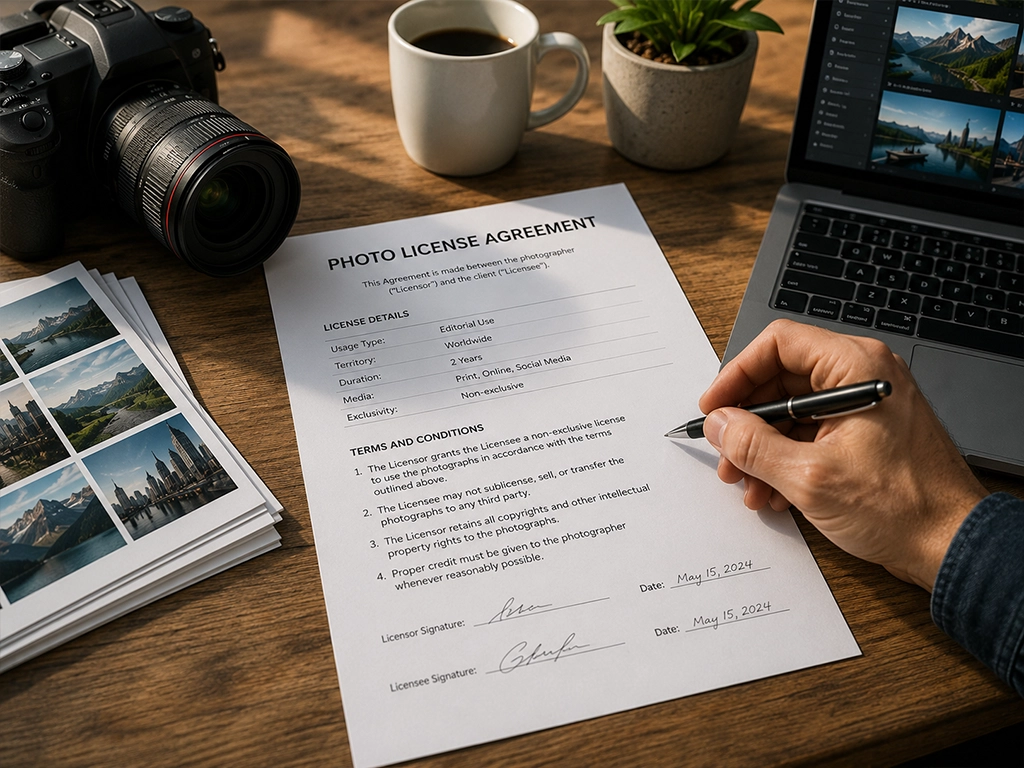 Photographer signing a photo licence agreement setting out usage type, territory, duration, media and exclusivity, with prints, a camera and a laptop on the desk