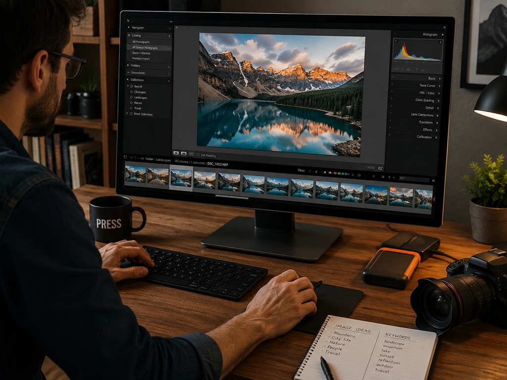 Photographer editing and keywording images in cataloguing software on a large monitor, with a backup drive, camera and a notebook of keywords