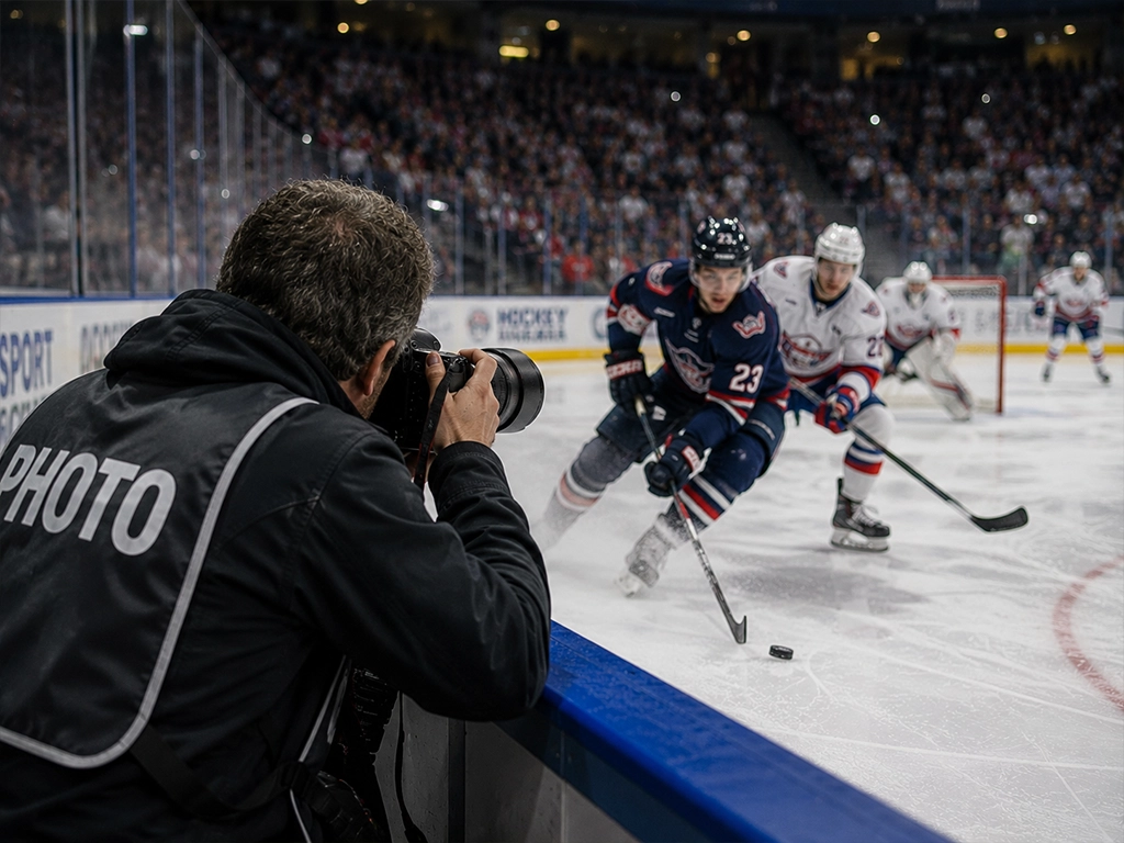 Accredited press photographer in a photo bib shooting an ice hockey game from behind the boards as players chase the puck in a packed arena