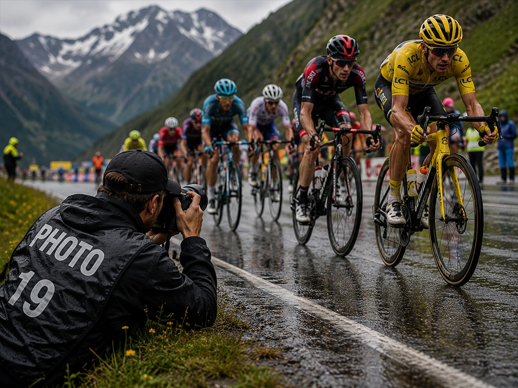 Press photographer in a numbered photo vest lying at the roadside to shoot cyclists, with the race leader in the yellow jersey passing on a wet mountain road