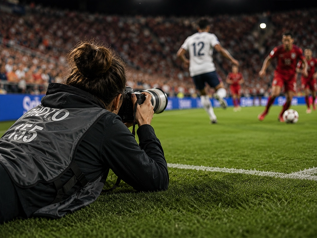Accredited photographer in a numbered photo bib lying at the corner of a floodlit football pitch, shooting players in action from ground level