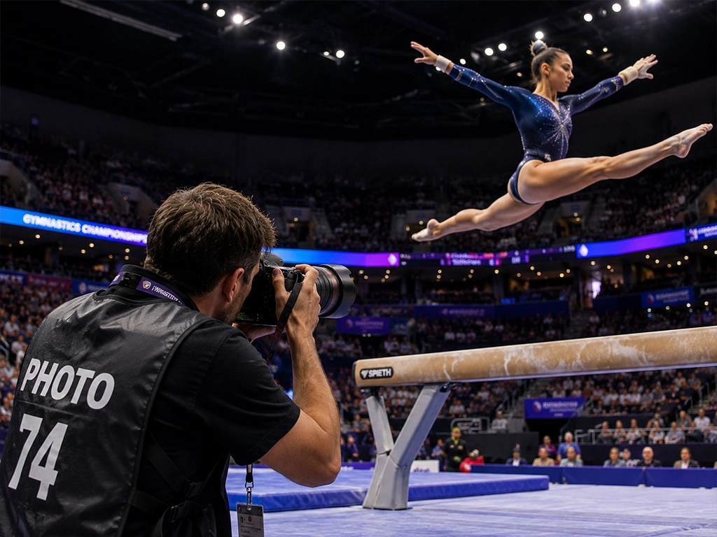 Press photographer in a photo bib shooting a gymnast leaping above the balance beam at an indoor championship under arena lighting