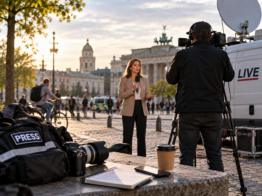Reporter speaking to camera during a live broadcast in a city square, with a camera operator, a satellite van and press camera bags in the foreground