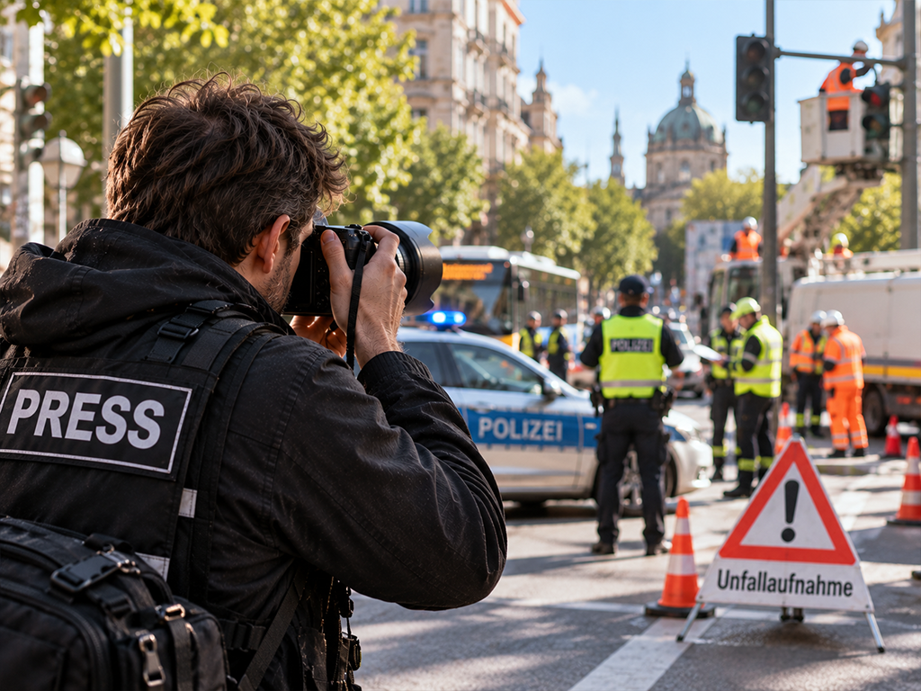 Press photographer in a PRESS vest photographing an accident scene from behind traffic cones, with police officers, emergency workers and a road closure sign in front of him