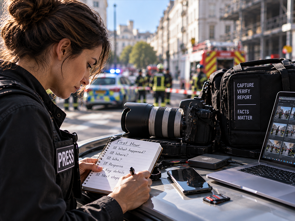 Press photographer in a PRESS vest writing a first hour checklist in a notebook beside a camera, laptop and phone, with fire crews, a police car and cordon tape behind her
