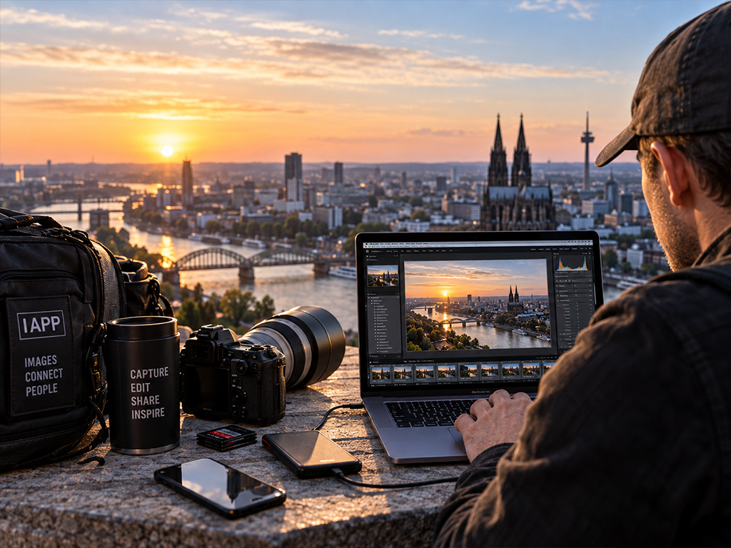 Photographer editing images on a laptop outdoors at sunset next to a camera with a telephoto lens, memory cards, a portable drive and an IAPP camera bag