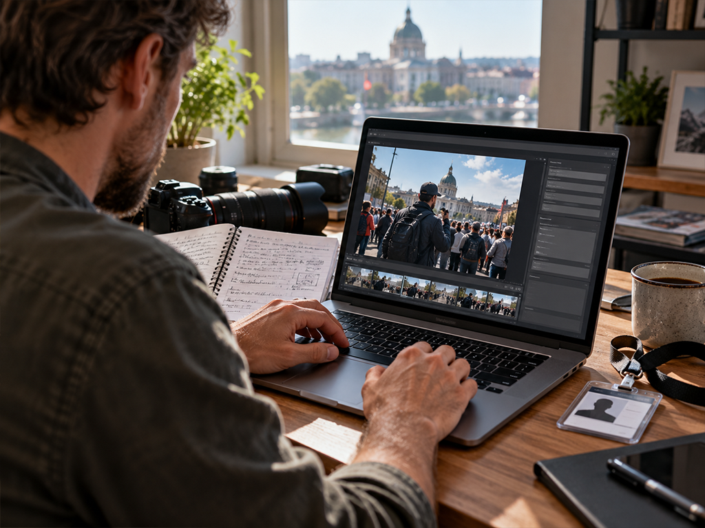 Photographer typing on a laptop showing an image with a metadata panel, working from an open handwritten notebook, with a camera, a press card on a lanyard and a coffee cup on the desk