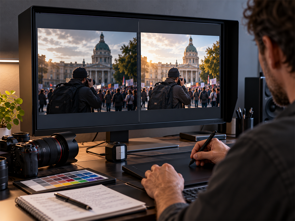 Photographer using a pen tablet in front of a monitor showing the same demonstration photograph twice side by side, before and after processing, with a colour chart and a camera on the desk