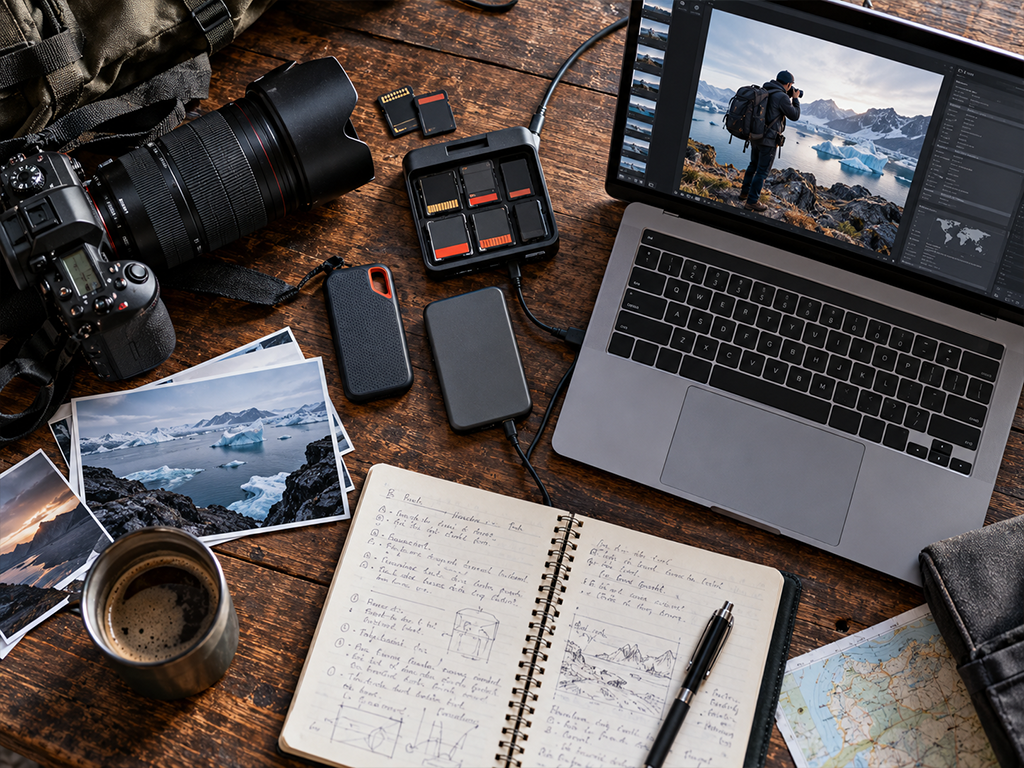 Overhead view of a photographer's desk with a camera and telephoto lens, a card reader full of memory cards, two portable drives, prints and a laptop showing an image catalogue